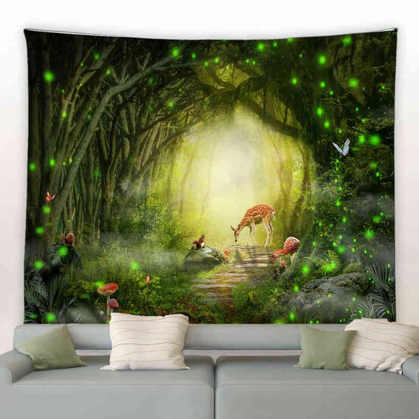 Fantasia florestas alces cogumelos tapeçaria cena de sonho mandala hippie bohemian decoração colchão sofá grande cobertor quarto decoração de casa j220804