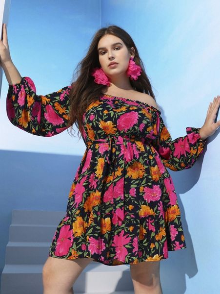 

plus floral print belted dress z6wh#, Black