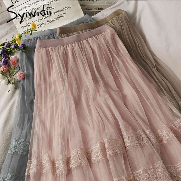 

tassel elastic high waist skirt women lace spliced midcalf casual aline solid spring summer fashion skirts 210415, Black