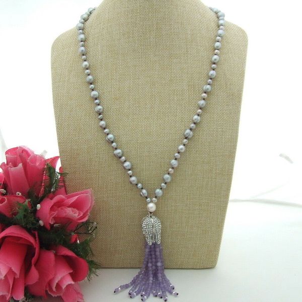 

zircon pendant 27&quot gray freshwater pearl jade necklace, Silver