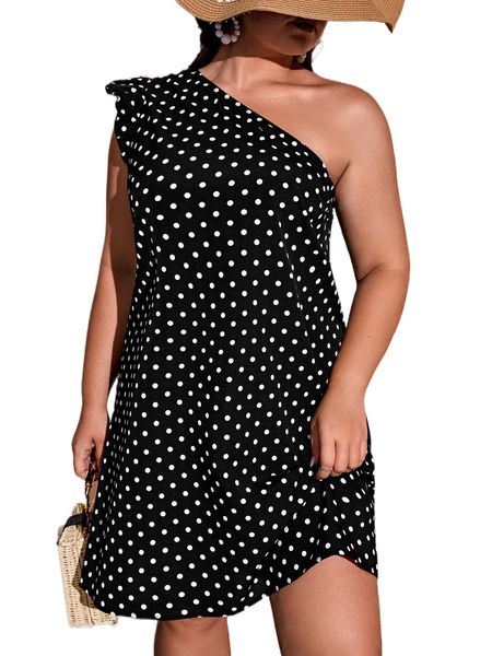 

plus polka dot one shoulder dress d3yx#, Black