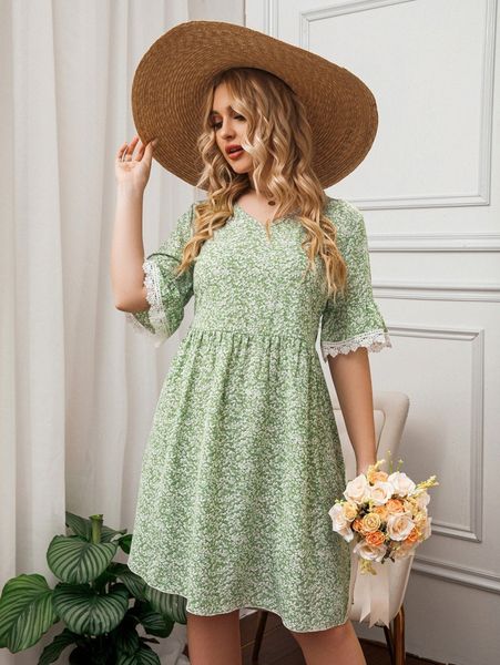 

plus ditsy floral guipure lace trim flounce sleeve dress q5f4#, Black