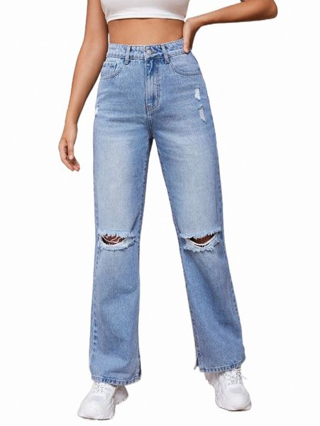 

tall high waist ripped split hem straight leg jeans 4582#, Blue