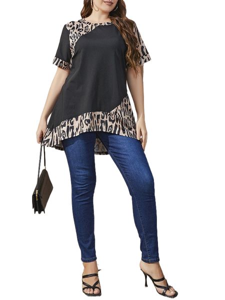 

plus leopard high low hem tee m03d#, Black