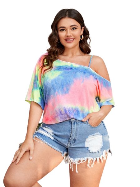 

plus tie dye asymmetrical neck tee m87a#, Black