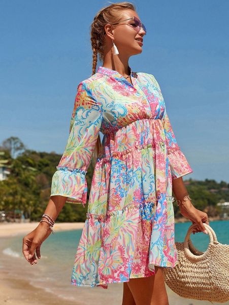 

allover print frill trim cover up 16ih#, White;black