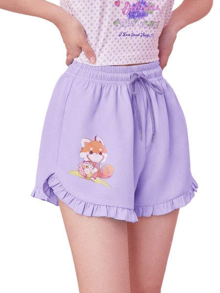 

romwe x cremechii kawaii cartoon graphic frill trim shorts v9oy#, White;black