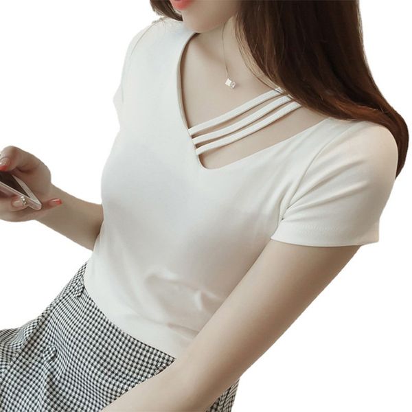

women's 2022 summer korean new womens student v-neck slim tee, White