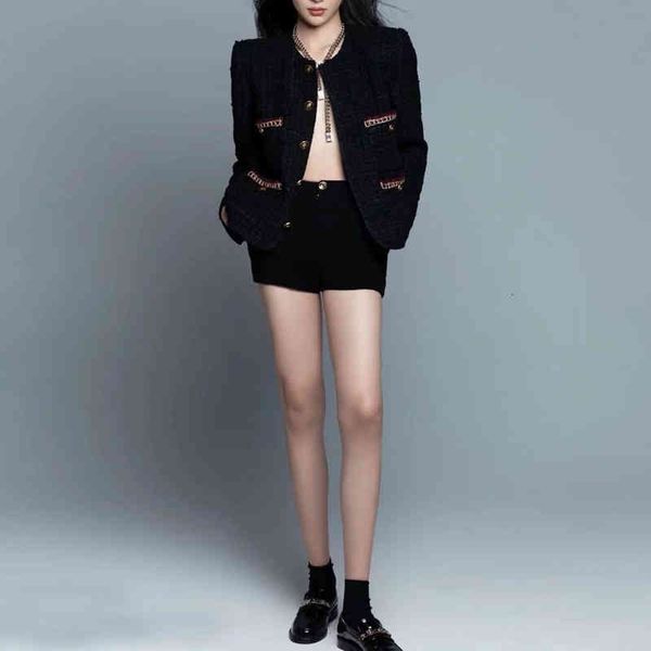 

casual dresses autumn and winter women's round neck single breasted small fragrant wind tweed black coat, Black;gray