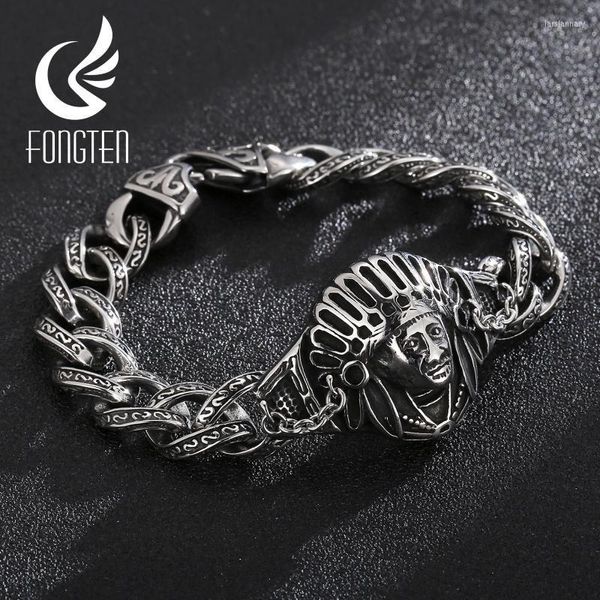 Цепочка звена Fongten Crub Charm Tiger/Indians Bracelet для мужчин Черный кубинский нержавеющая сталь Винтаж викингов