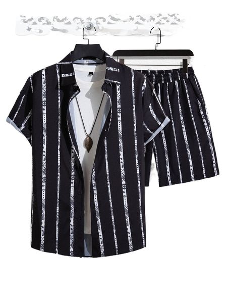 

men random striped print shirt & drawstring waist shorts without tee 96ju#, Gray
