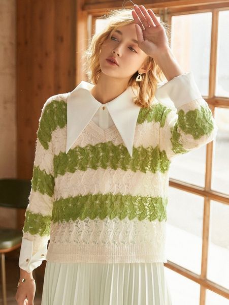 

knit mix colorblock drop shoulder sweater g5h1#, White;black
