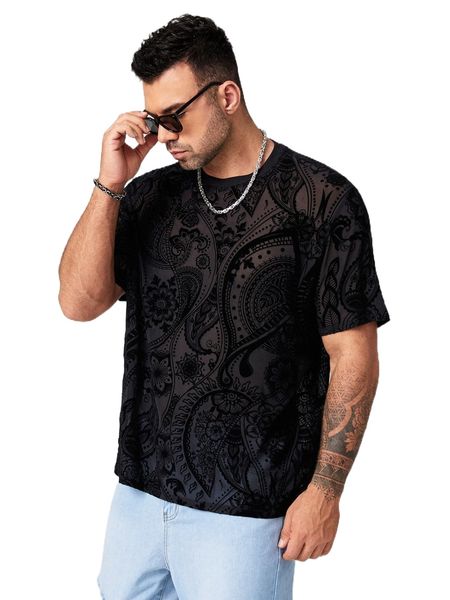 

extended sizes men floral print sheer mesh tee m8vz#, White;black