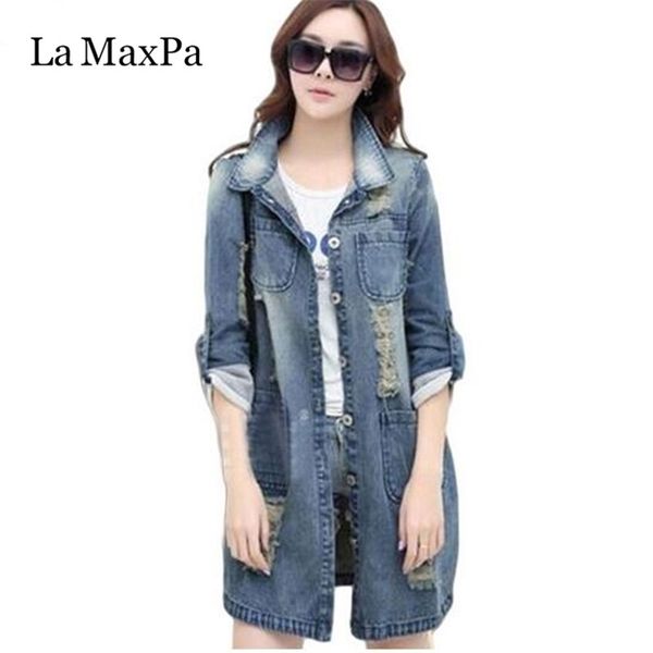 La Maxpa Plus Size 5xl Джинсовая куртка женщин Новая весенняя модная джинсы с длинным рукавом.