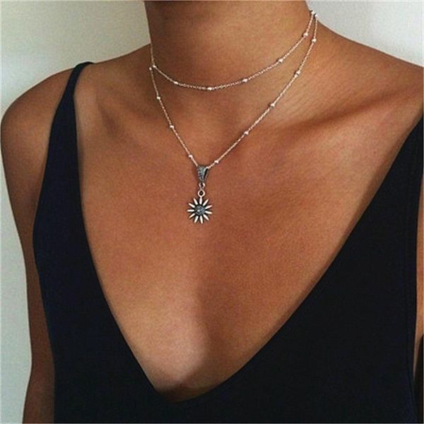 Anhänger Halsketten HebeDeer Trendy Girl Halskette Mehrschichtige Kette Frauen Silber Farbe Sonnenblume Vintage Schmuck Liebhaber Kpop CollaresPendant