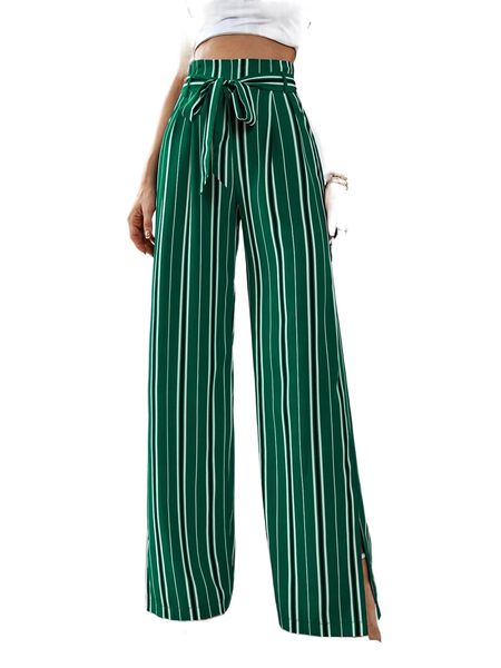 

striped slit hem belted wide leg pants i0db#, Black;white
