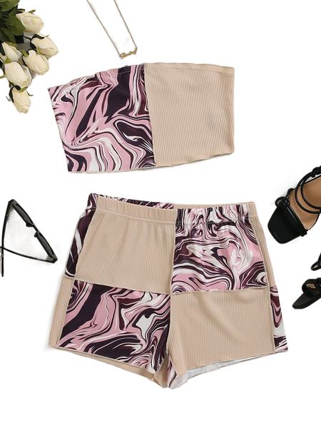 

marbled rib-knit crop tube & shorts z87k#, White