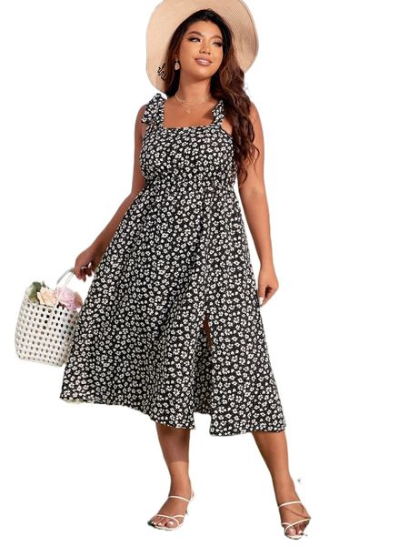 

plus ditsy floral tie shoulder shirred back slit thigh cami dress 08g3#, Black