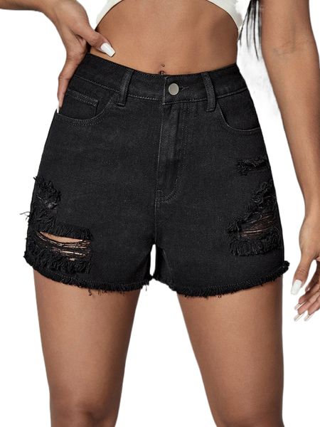 

zipper fly ripped raw hem denim shorts p6le#, White;black