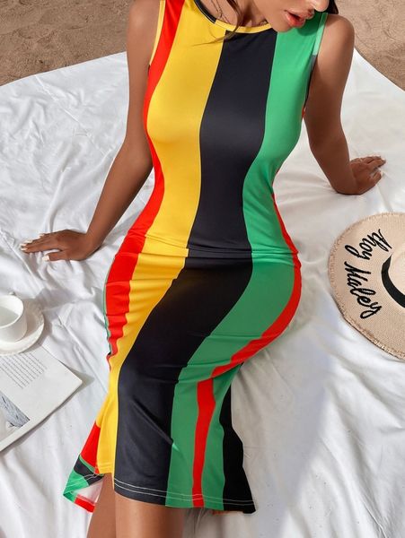 

sxy colorful striped sleeveless split hem bodycon dress d6ts#, Black;gray