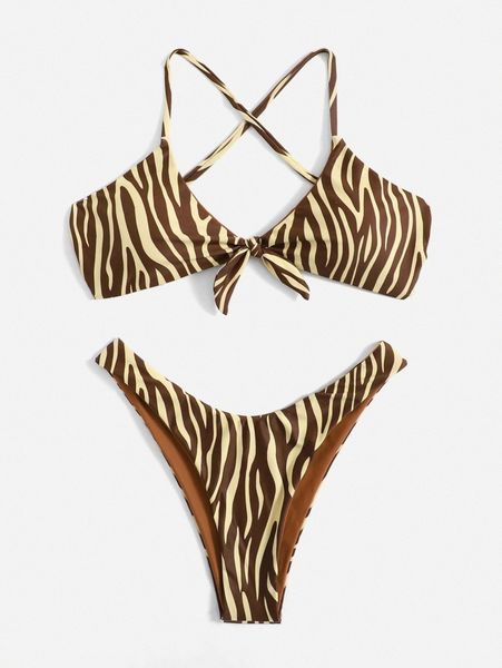 

zebra stripe cross back bikini swimsuit b0yr#, White;black