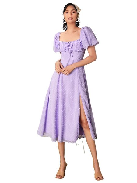 

swiss dot knot front ruched bust split thigh chiffon dress y85r#, Black;gray