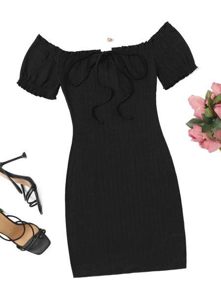 

solid tie front frill trim bodycon dress z8qu#, Black;gray
