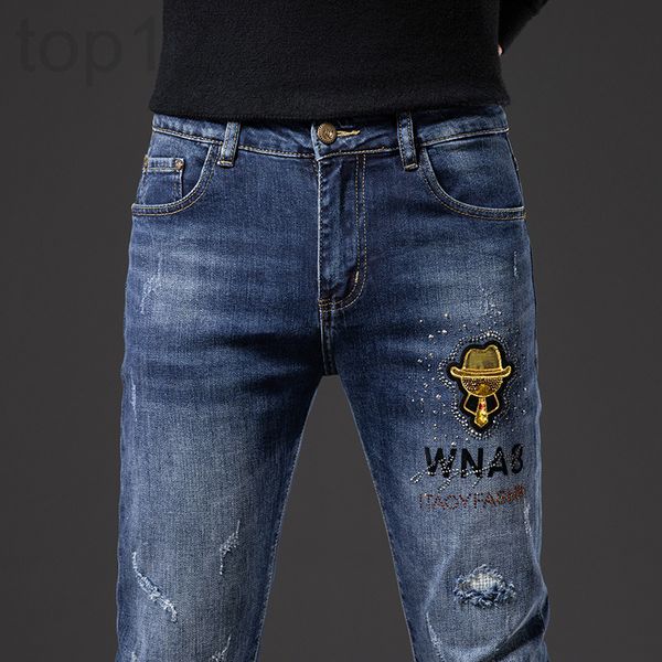 

men's jeans designer light luxury european goods spring and summer perforated jeans men's slim fit small feet elastic printing tre, Blue