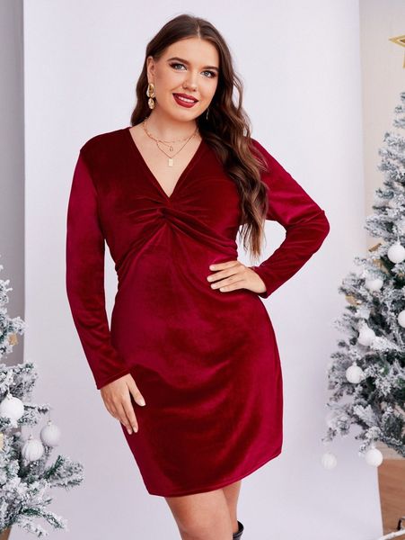 

plus velvet twist front v neck dress 02hu#, Black