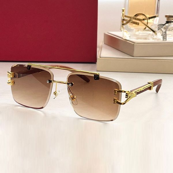 Mode Carti Luxus Coole Sonnenbrille Designer Neueste Cartir Leopard Männer Diamantschliff quadratischer Rahmen Doppelnasenbrückendesign Holzbügel polierte Hardware zeigen