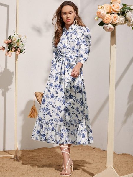 

floral print belted ruffle hem shirt dress 54yr#, Black;gray