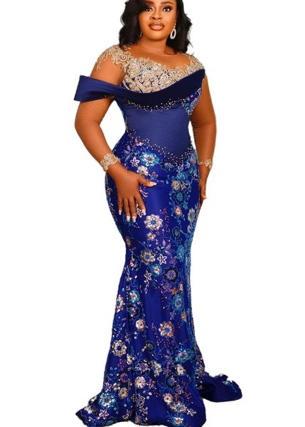 Aso Ebi 2022 Arabo Plus Size Royal Blue Mermaid Prom Dresses Pizzo Perline Sera Festa formale Secondo ricevimento Compleanno Abiti di fidanzamento Abito ZJ576