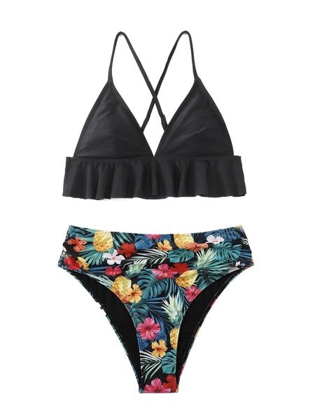 

tropical print ruffle trim bikini swimsuit p2gi#, White;black