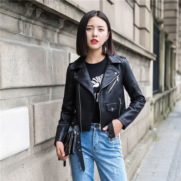 

ailegogo women moto&biker faux leather jacket punk style slim belt zipper pocket coat black red outwear female 201030