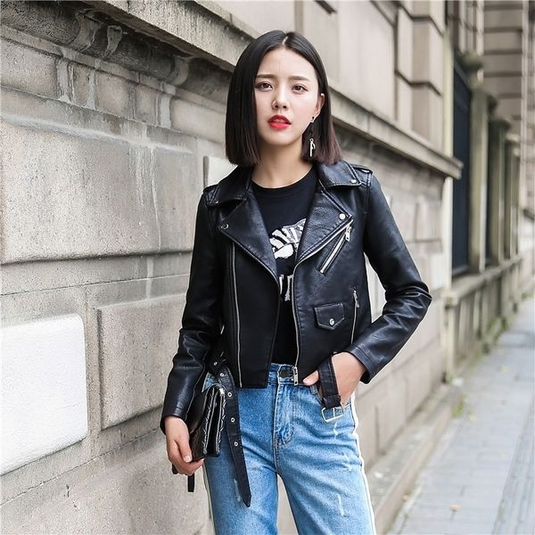 Ailegogo Women Motobiker Faux Leather Jacket Punk Style Slim Belm Beckper Pocket Poam