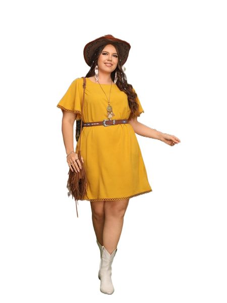 

plus guipure lace trim flutter sleeve tunic dress without belt a6wn#, Black