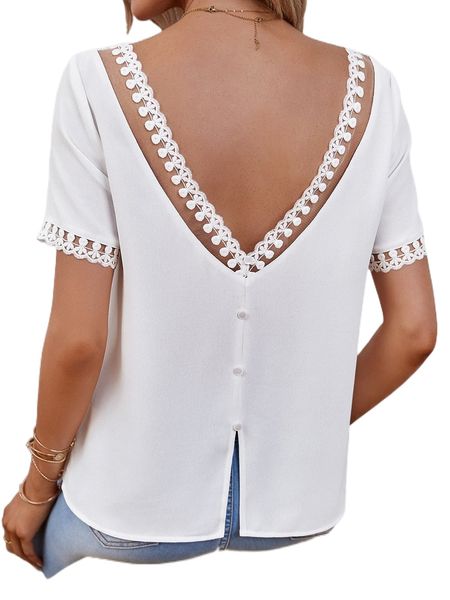 

embroidery mesh panel button back split hem blouse a7so#, White