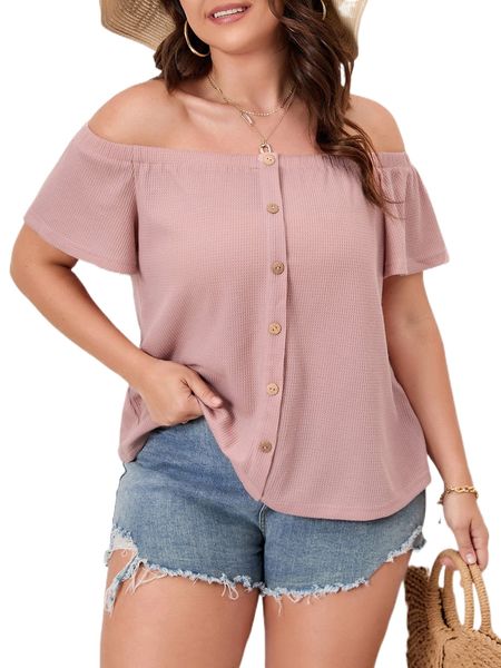 

plus off shoulder button front tee s7lw#, Black