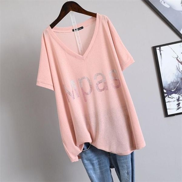 

summer womens t-shirt korean loose oversized t-shirt large size diamond v-neck covering belly short sleeve tshirt women 220520, White