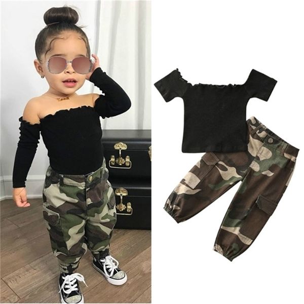 

1 6y fashion kids baby girl clothing girl outfits black short sleeve off shoulder t shirt camouflage pants outfit 2pcs 220620, White