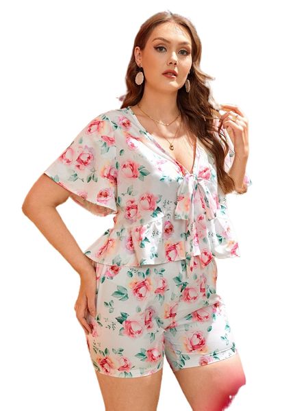 

plus allover floral print knot front peplum blouse with shorts o0ol#, Black