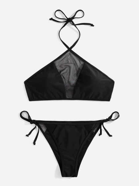 

contrast mesh halter tie side bikini swimsuit y1h7#, White;black