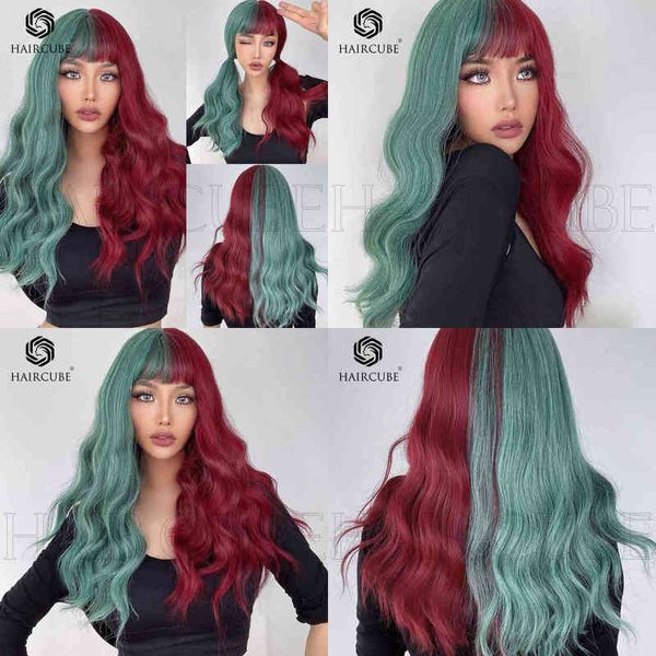 

ms. feng wigs qi bangs long curly red brown green straight 220527, Black