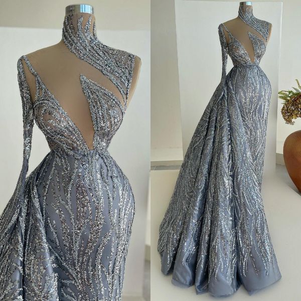

high neck beaded mermaid prom dresses sequined long sleeve sequined formal evening dress, Black