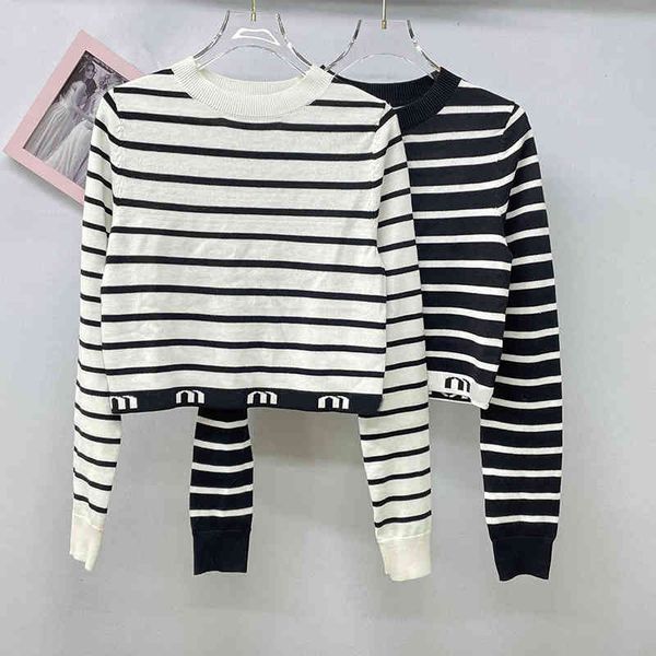 

women's knits & tees 22 early spring high waist short style slim fit bottomed shirt round neck long sleeve black and white stripe pullo