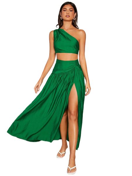 

one shoulder crop & ruched slit skirt j9wa#, White