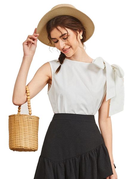 

solid knot shoulder blouse y2aw#, White