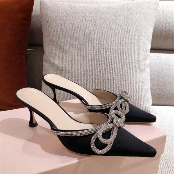 

new mach rhinestone bow slippers satin pointed heel high single crystal bowtie super fairy high-heeled shoes luxury designer silk177c, Black
