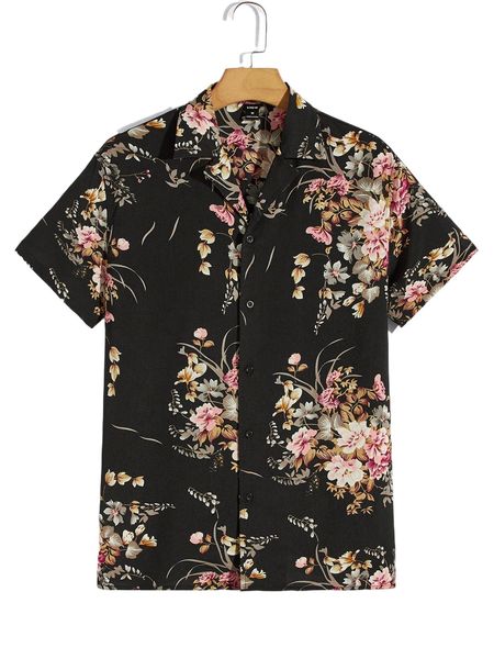 

men floral print lapel collar shirt k26w#, White;black