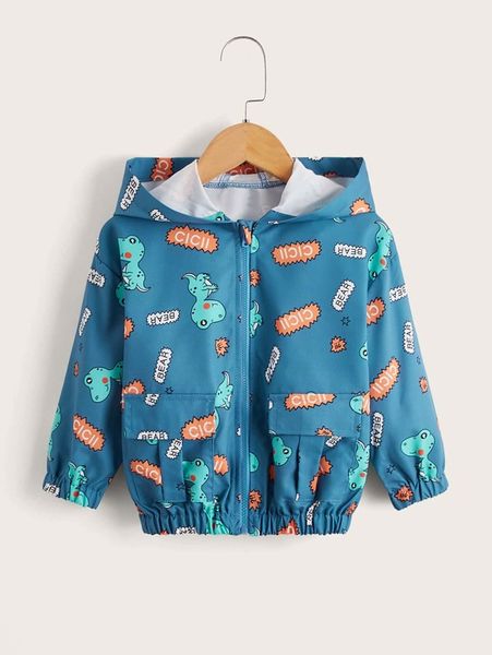

toddler boys letter & cartoon dinosaur print hooded jacket she, Blue;gray